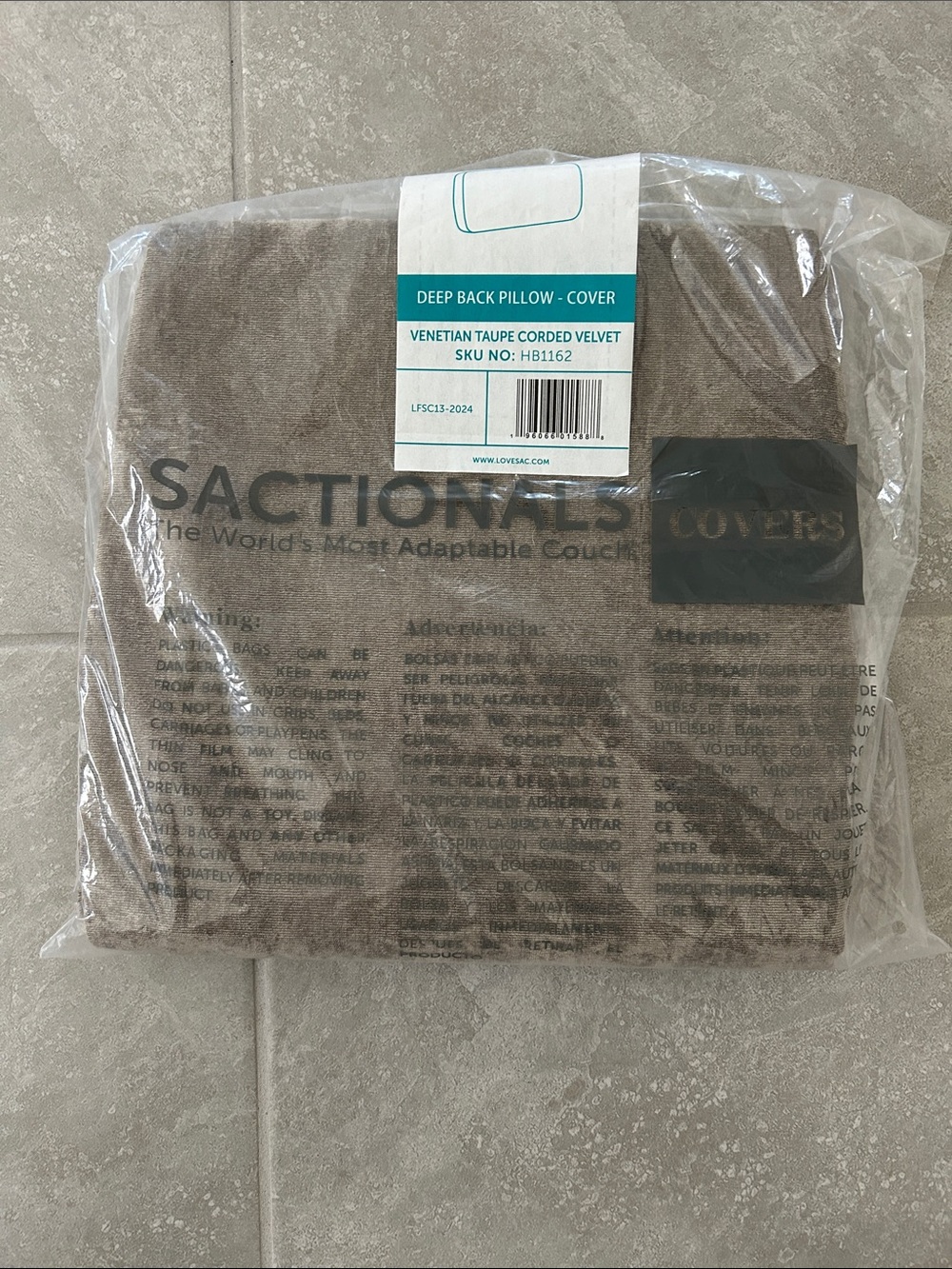 NWT Lovesac Deep Back Pillow Cover Venetian Taupe Corded Velvet